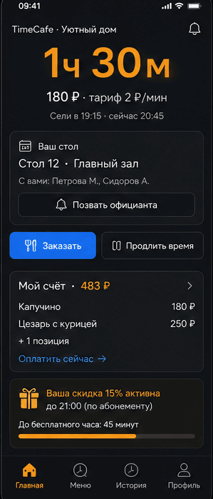 Главный экран гостевого мини-приложения в Telegram: таймер 1ч 30м, счёт 483 ₽, кнопки заказа и продления